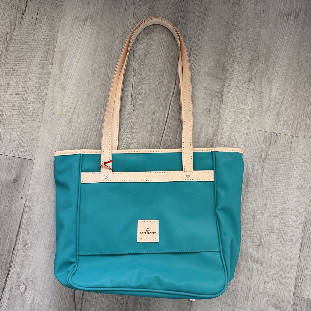 NEW Jon Hart Design Amelia Tote Bag Teal Coated Canvas Leather Straps Laptop Buc